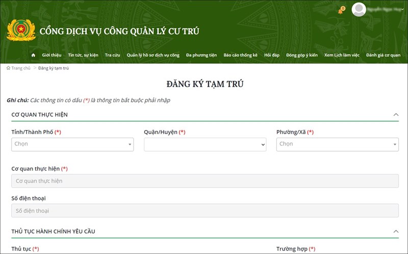 đăng ký tạm trú online