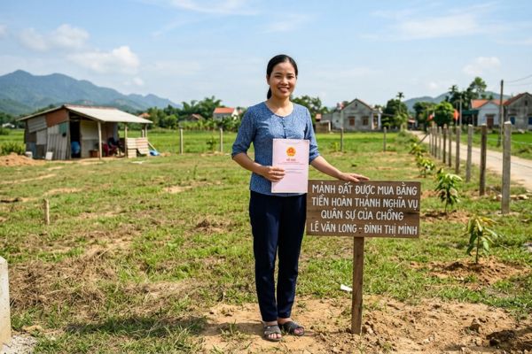 Đất được mua bằng tiền hoàn thành nghĩa vụ quân sự của chồng